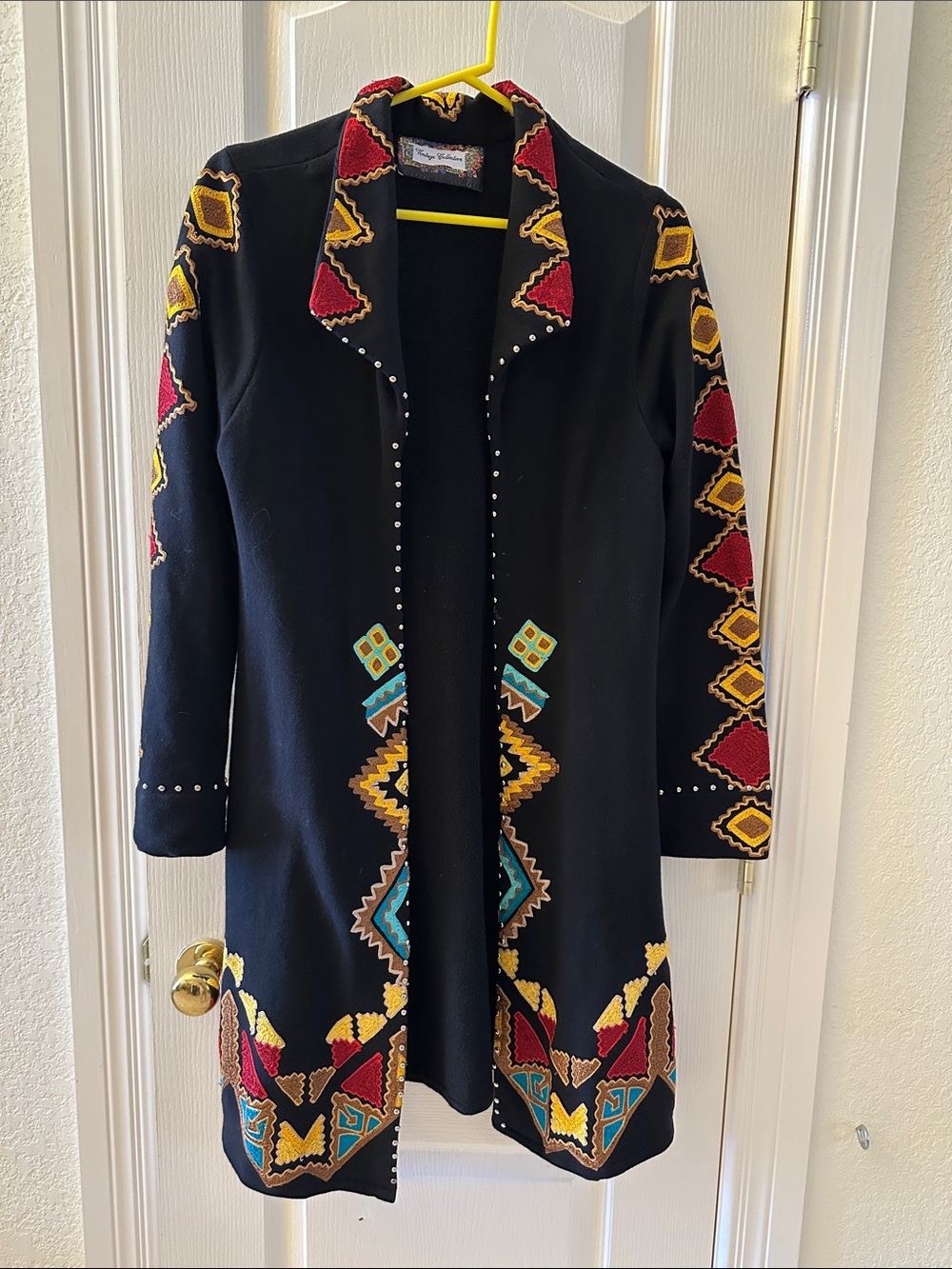 Black Geometric Embroidered Open-Front Coat